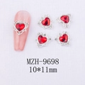 Dettaglio del ciondolo per unghie a cuore rosso con base in lega d'argento e strass, 10x11mm - 9698