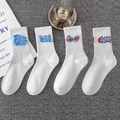 Four pairs of white crew socks featuring street graffiti lettering and ribbed cotton texture - Combo 5-8
