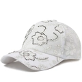White lace floral baseball cap for women with sparkling rhinestone details and mesh back - White / Adjustable