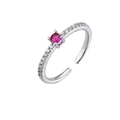 Detail of adjustable ring featuring a pink zircon center stone with pavé-set side stones - Adjustable Open / Platinum Plated Rose Red Zirconia