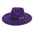 Close-up of a wide brim dark purple wool fedora with black leather belt and gold metal buckle - M (56-58cm) / Purple