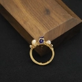Handcrafted gold wire wrapped ring featuring white natural pearls and a purple enamel flower - US 5 / Cloisonne Flower (Cloisonne Ring 5#)