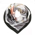 Close-up of circular folded silk scarf with baroque chain prints in elegant colors - 90x90cm / Black