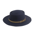 Close-up of navy wool fedora hat featuring a brown leather band and gold buckle detail - One Size (58cm) / Navy Blue