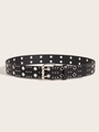 Dettaglio di cintura punk in pelle nera con doppi occhielli argentati e borchie metalliche - 3,8 CM Doppia Occhiellatura + Piccole Borchie / Nero