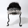 Cappello invernale caldo da donna in finta pelliccia di coniglio con maglia a righe e paraorecchi - Taglia unica / Nero