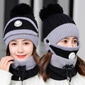 Women's 3-piece thermal knit hat scarf mask set with breathing valve and fur pom pom - Black