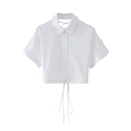 White short sleeve cropped shirt for women with button front and drawstring waist design - XS / White