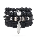 Set bracciale multistrato in pelle e perline fatto a mano con ciondoli piuma vintage - Stile Pendente con Piuma Nera (RH230)