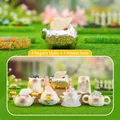 Cute cat figurines set with natural crystal clusters and wooden bases in soft outdoor light - 1244-8 Cat Luck PAI (6 Pcs/End Box) / Full Box Set