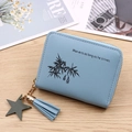 Light blue faux leather mini wallet with litchi texture and elegant tassel keychain - Blue