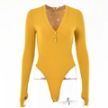 Detail view of yellow ribbed knit bodysuit with V-neck, buttons, and thumbhole cuffs - S / Yellow