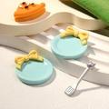 Miniature resin light blue plates with yellow bows, silver bear spatula, and pizza slice - Round Blue Plate