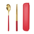 Portable 304 stainless steel cutlery set with red handles and gold finish in a red case - Red Gold Spoon Chopsticks 2-piece Set