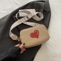 Beige faux leather crossbody bag with red heart detail and wide geometric strap - Khaki