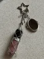 Detail of silver mesh lipstick holder keychain featuring a pink gloss and star-shaped clip - Star Clasp With Mirror Tassel Mesh Bag / Zinc Alloy Star Style