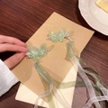Elegant light green butterfly hair clip with silk ribbons and white pearl accents - 14# Green Butterfly Fairy Ribbon Hair Clip