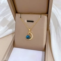 Gold moon crescent necklace with blue sphere gemstone and white zircon stars - 389-7 Moon Necklace - Gold Blue