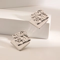 Silver geometric square stud earrings with hammer texture and polished finish layers - Liquid Metal Square / Steel