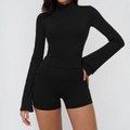 Women's black yoga set with stand collar zipper jacket and high waist gym shorts - S / Top And Bottom / Jacket + Shorts / Premium Black