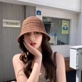 Brown knit bucket hat for women with cutout weave pattern for sun protection - Hollow Out / Caramel color