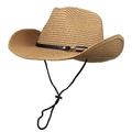 Wide brim straw cowboy hat with adjustable chin strap and leather band for sun protection - M(56-58cm) / Khaki