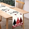 Weihnachts-Tischläufer mit roten Karo-Bäumen und Merry Christmas auf Holztisch - 181x35.5cm / Weihnachtsbaum und Ornamente