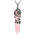 Pink crystal hexagonal pendant necklace with vintage silver floral wrap and O-chain - Rose Quartz