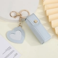 Light blue leather lipstick case keychain with heart mirror and golden metal clasp - No Logo Sky Blue