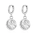 Pair of silver stainless steel hoop earrings featuring sunburst textured disc pendants - Round Perforated Sun Texture (MS-670) / 2.0*8 / Steel