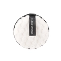 White microfiber makeup remover puff with black trim and Clean Sponge text handle - 8cm / White