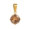 Detailed view of amber brown round zircon pendant on gold necklace bail over white background - Yellow