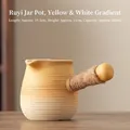 600ml gradient yellow ceramic roasting teapot with hemp rope handle and linear texture - 600ml / Ruyi Jar Pot (Yellow-White Gradient) / 19.5cmx11cm