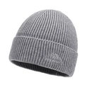 Gray ribbed knit beanie featuring an outdoor mountain embroidery on the folded cuff - One Size / Light Gray