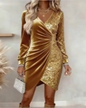 Slim fit golden velvet party dress with deep V-neck and sparkling sequins detail - S / Gold