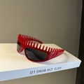 Futuristic red spiked cat eye sunglasses with dark lenses on a minimalist pedestal - 27# Spike Headband Sunglasses - Red