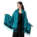 Teal paisley luxury cashmere-feel pashmina shawl with fringe tassels for women - Turquoise Paisley (T003-73)