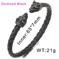 Oxidized black Viking wolf head bangle with woven texture and open steel cuff design - Oxidized Black (KB163661-JX)