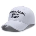 White vintage cotton baseball cap with black text embroidery and distressed brim edge - White
