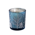 Dark blue glass candle holder featuring white snowflake and tree patterns in silver finish - Blue Christmas Tree