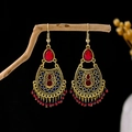 Bohemian vintage drop earrings with red stones and beaded tassels in gold finish - Antique Gold + Red Stone Tassel (E5831-1/Red)