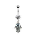 Evil Eye Hamsa Hand Bauchnabelpiercing mit Herz-Zirkon in poliertem Silber-Finish - Hamsa Hand Böser Blick