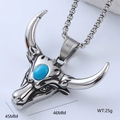 Close-up of a stainless steel bull head pendant with blue stone and dimensions marked - Retro Bull Head Inlaid Style (Style 18)