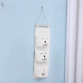 Beige 3-tier wall hanging storage bag with cartoon animal prints and wooden rod - White