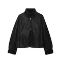 Damenjacke aus schwarzem Kunstleder mit Pelzbesatz an den Ärmeln und Stehkragen - XS / Schwarz