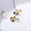 Detail view of gold leaf earrings featuring black and white enamel on a wavy display - Tricolor Irregular Water Drop Style (EH003)