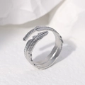 Adjustable silver feather open ring in stainless steel with detailed texture - Steel Color-Feather