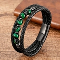 Detail of multi-layer leather bracelet with green beads and magnetic metal clasp - Black Leather + Green Beads