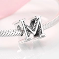 Polished S925 silver alphabet M charm bead on a snake chain bracelet for DIY jewelry - Letter M