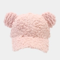 Detail of pink faux fur baseball cap featuring cute round ears and soft lamb wool texture - Adjustable / Pink
